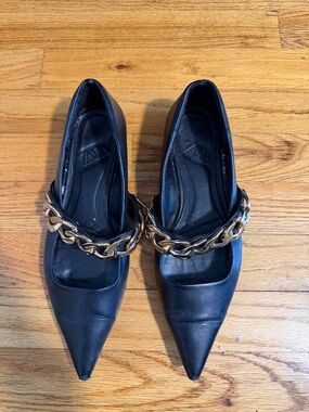 Zara leather Black Pointed Toe Flats with Gold Chain Strap